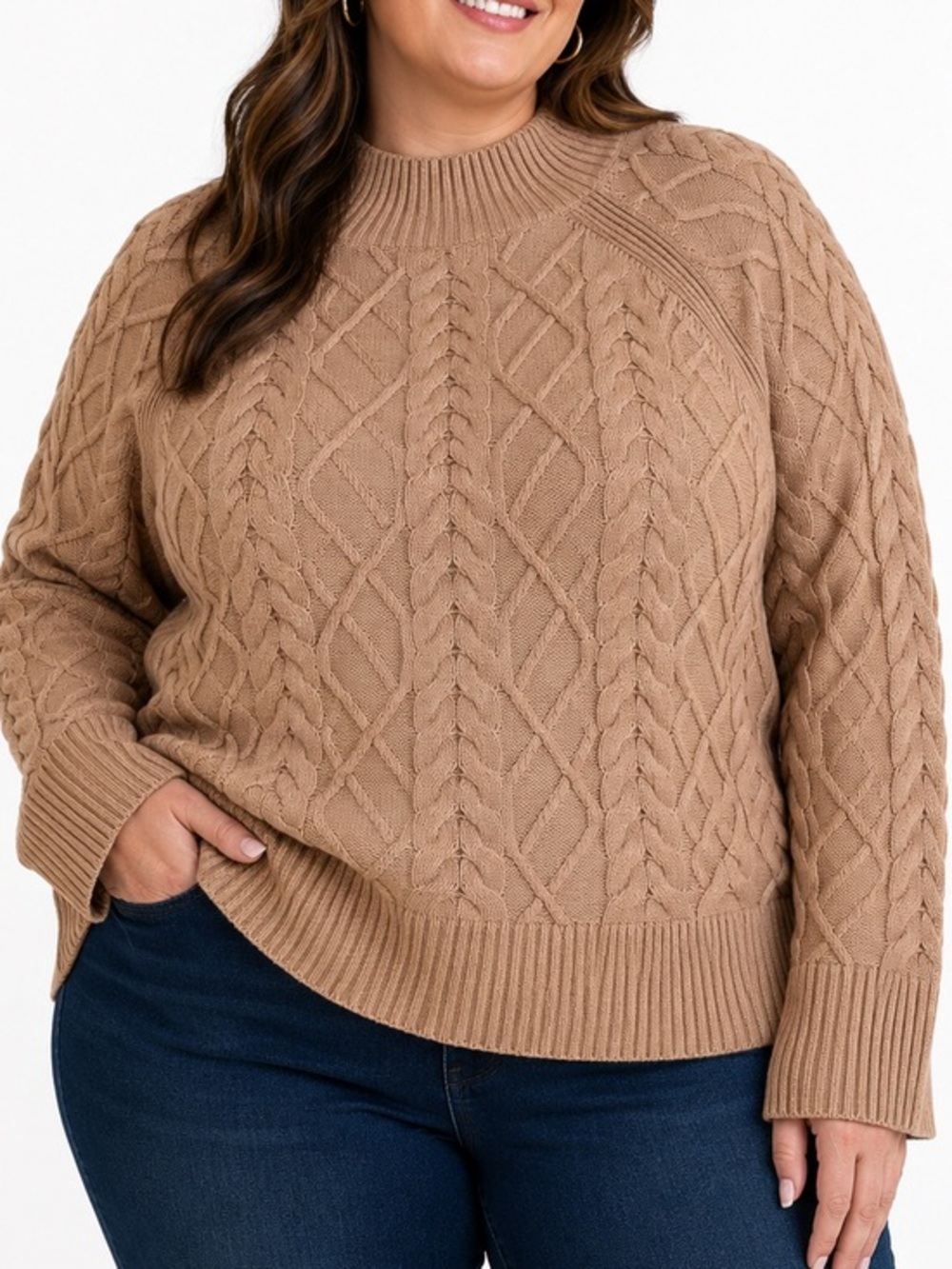 Talbots Plus 2X Cable Knit Sweater Camel Brown Mock Neck Chunky Cotton Blend